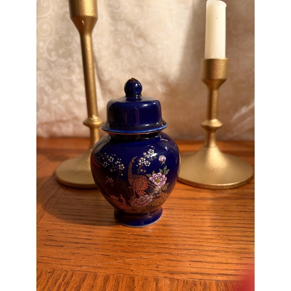 Vintage Japanese Cobalt Blue Ginger Jar - Peacock and Peony Floral Urn